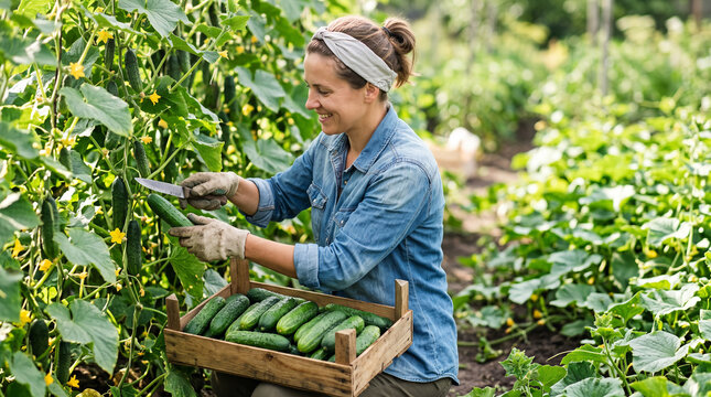 Smiling gardener harvesting fresh cucumbers in greenhouse with wooden crate for farm produce poster and healthy food background
