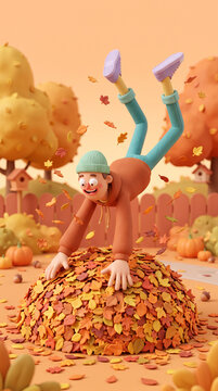 Playful character diving into an autumn leaf pile for fall poster background and seasonal kids illustration