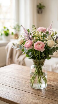Spring bouquet of pink and white flowers in a glass vase on a wooden table for home decor centerpiece and floral background for seasonal styling