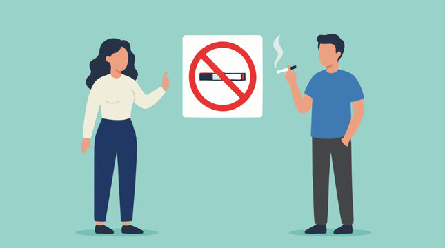 No Smoking Concept: Woman Stops Man from Smoking Next to Prohibition Sign