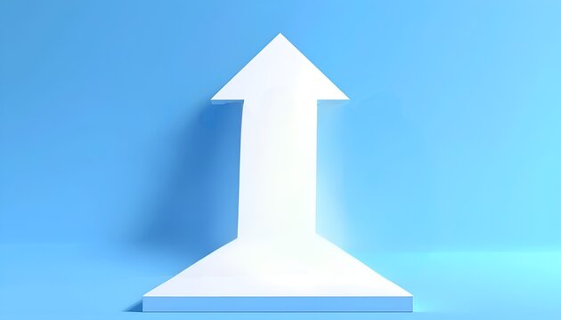 Minimal white upward arrow podium on soft blue background representing business growth, progress, success, direction and future opportunities in clean modern 3D style.