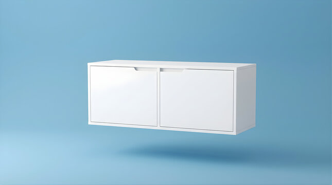 Minimalist White Rectangular Container Floating Mid Air Against A Simple Light Blue Gradient Background Representing Storage Organization Or Product Display