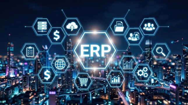 Enterprise resource planning erp software system with business icons and data analytics network connection over a modern smart city background