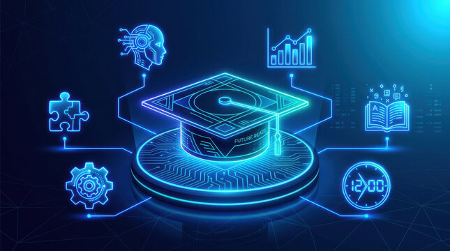 Digital graduation cap surrounded by glowing icons representing online learning technology data analysis and virtual education concepts on blue background