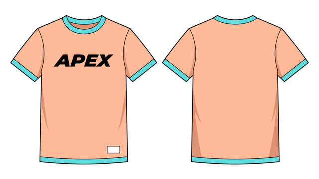 Peach and teal ringer t-shirt with Apex branding mockup. Front and back view. Vector template.
