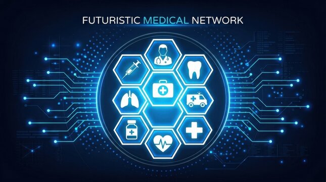 Futuristic medical network concept with digital hexagonal icons representing various healthcare services connected by glowing lines on a dark background