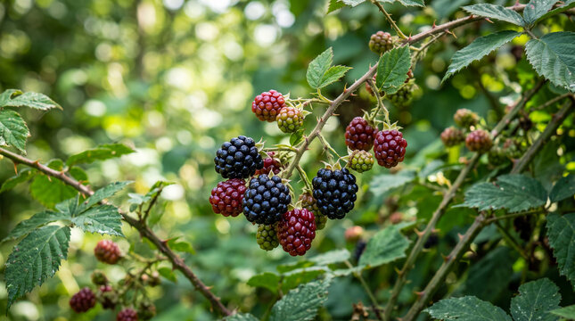 Primer plano de moras maduras y en maduraci&oacute;n sobre una zarza silvestre. Escena natural con fondo desenfocado, ideal para temas de flora, alimentaci&oacute;n y naturaleza.