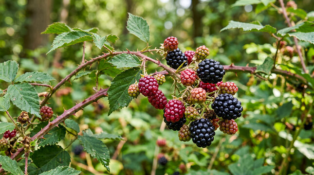 Primer plano de moras maduras y en maduraci&oacute;n sobre una zarza silvestre. Escena natural con fondo desenfocado, ideal para temas de flora, alimentaci&oacute;n y naturaleza.