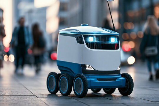 A modern autonomous delivery robot navigates a busy city sidewalk surrounded by blurred pedestrians during the golden hour light in a bustling urban environment