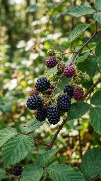 Primer plano de moras maduras y en maduraci&oacute;n sobre una zarza silvestre. Escena natural con fondo desenfocado, ideal para temas de flora, alimentaci&oacute;n y naturaleza.