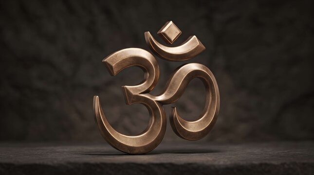 Bronze om symbol on dark textured stone background