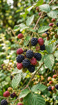 Primer plano de moras maduras y en maduraci&oacute;n sobre una zarza silvestre. Escena natural con fondo desenfocado, ideal para temas de flora, alimentaci&oacute;n y naturaleza.