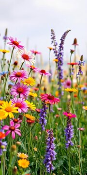 Vibrant wildflowers in shades of pink, yellow, blue, and purple dance along a whimsical border, garden, flowers