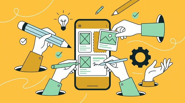 Flat Vector Multiple Hands Designing Smartphone UI UX Layout for Mobile App Prototyping Presentation, Web Development Banner, and Creative Agency Landing Page