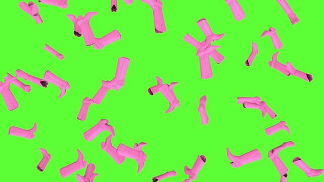 Pink cowboy boots fall from above like a playful fashion rain on a chromakey background. Surreal western footwear pattern for cowgirl, rodeo and country-themed projects. 3D animation