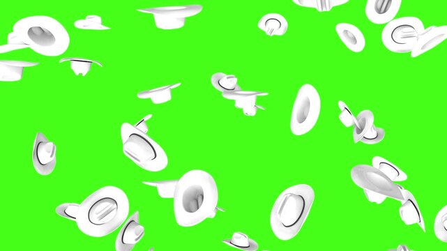 White cowboy hats fall from above like a playful western rain on a chromakey background. Clean monochrome rodeo and Wild West pattern for country-themed projects. 3D animation