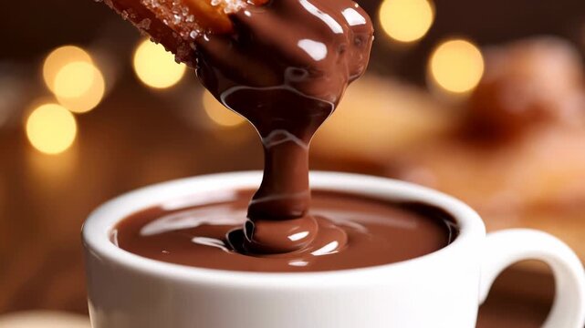 Close-up of a crispy sugar-coated churro being dipped into a white ceramic cup filled with smooth melted chocolate sauce, featuring a warm bokeh light background and food texture.