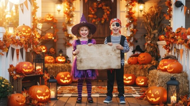 Children in Halloween costumes holding a blank sign on a decorated porch