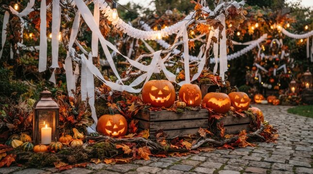 Spooky Halloween night decoration with carved pumpkins and glowing lights in autumn garden