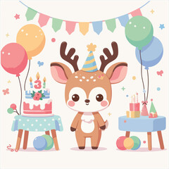 Fototapeta premium Cute Third Birthday Baby Deer Party Celebration, Adorable Kawaii Reindeer with Birthday Cake Number 3 Balloons and Bunting Flags