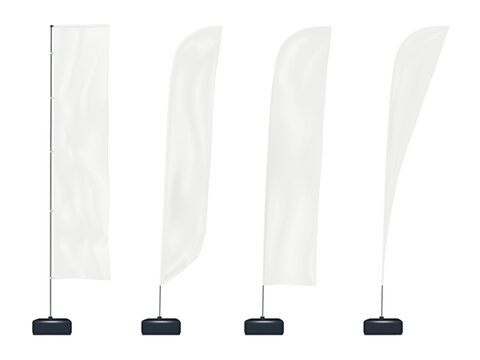 Blank white wind event flags. Realistic mock-up set. Rectangular, feather, blade, teardrop shapes. Easy editable vector mockup. Vertical flag banner on metal pole. Template for design
