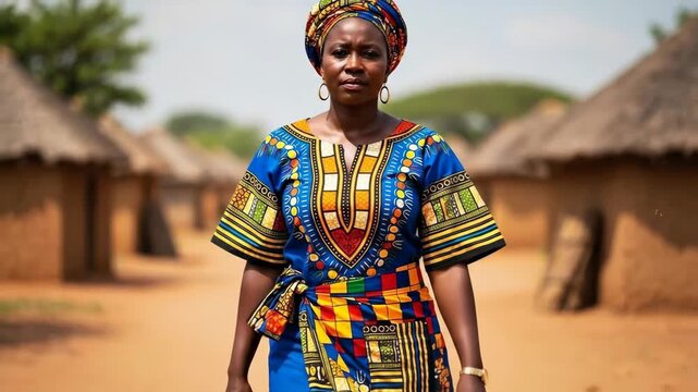 Confident African woman in vibrant traditional attire in a rural village.