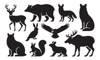 Obraz premium Collection of black silhouettes of wild forest animals including a deer, bear, fox, wolf, rabbit, eagle, squirrel, and moose isolated on a white background, for projects