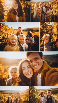 Happy multi-generational family enjoying a sunny autumn day in a vineyard.