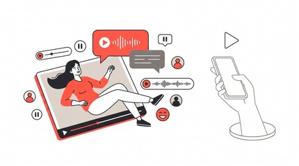 Naklejka premium Flat Vector Woman Creator Stepping Out of Video Screen with Smartphone for Content Creation Blog, Social Media Streaming Banner, and Digital Marketing Presentation