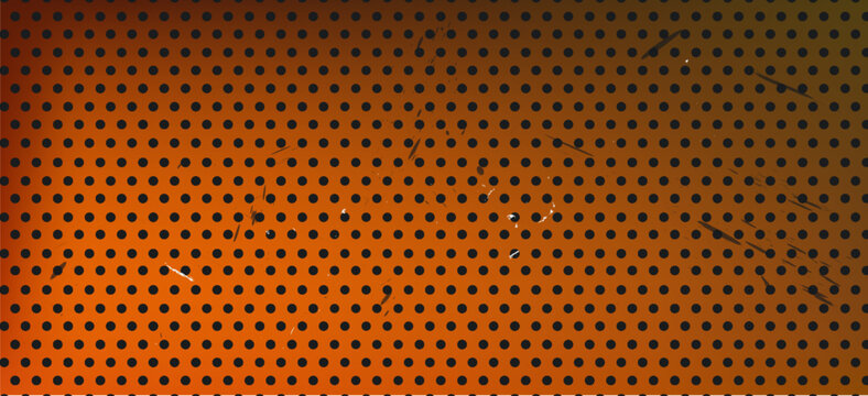 Metal mesh background with perforated plate texture, orange steel grate, holes, industrial grid design, speaker concepts. Mesh modern wallpaper or banner poster cover. Vector illustration.