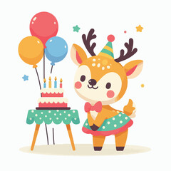 Fototapeta premium Cute Baby Deer Girl Birthday Party with Cake Balloons and Party Hat, Adorable Kawaii Reindeer in Polka Dot Skirt Celebrating Kids Birthday