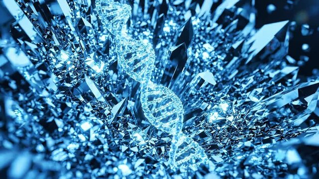 Blue crystal formations surround a double helix DNA structure, showcasing intricate details and reflections in a dynamic, visually captivating scientific environment
