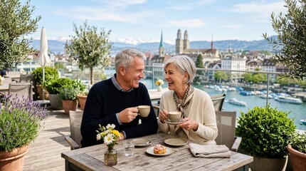Fototapeta premium Happy senior couple enjoying coffee and pastries on a sunny terrace with city views