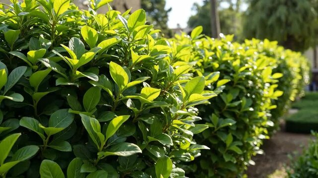 Vibrant green hedge bathed in sunlight, creating a fresh and natural garden scene.