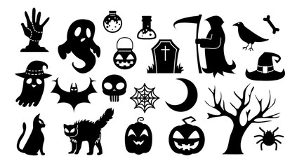 Halloween set, black silhouettes. Vector illustration, Halloween icons, cats, pumpkins, ghosts