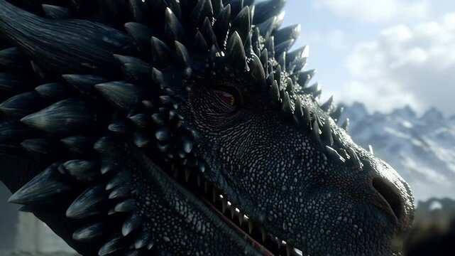 A close-up, detailed shot of a dragon's face, with scales and piercing eyes, set against a majestic mountain backdrop