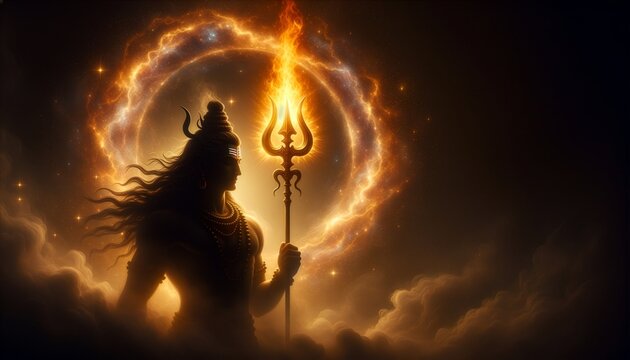 Profile silhouette of a divine deity holding a flaming trident, glowing cosmic portal ring and mystical smoke background, majestic spiritual fantasy digital art illustration.