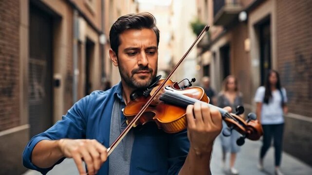 Focused man playing violin passionately in a charming urban alleyway.