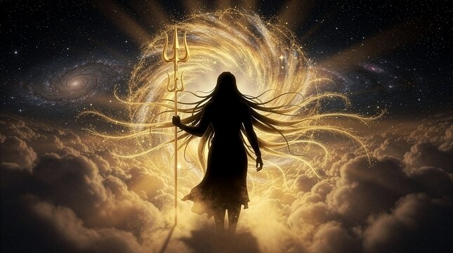 Silhouette of a divine deity holding a trident standing above clouds, majestic swirling cosmic galaxy and starry sky background, ethereal spiritual fantasy digital illustration.