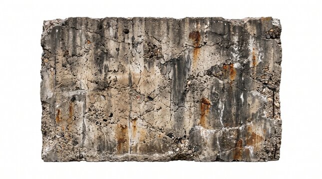 Weathered concrete block isolated on white background showing cracked surface and exposed aggregate.