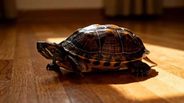 A red-eared slider turtle slowly walks across a warm wooden floor bathed in sunlight.