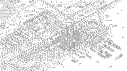 Obraz premium Detailed isometric line art map of a bustling city with roads and buildings.