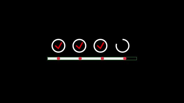 Online survey questionnaire with progress bar for compliance with regulations and service standards. Follow checklist of process steps and improve animation on black background.