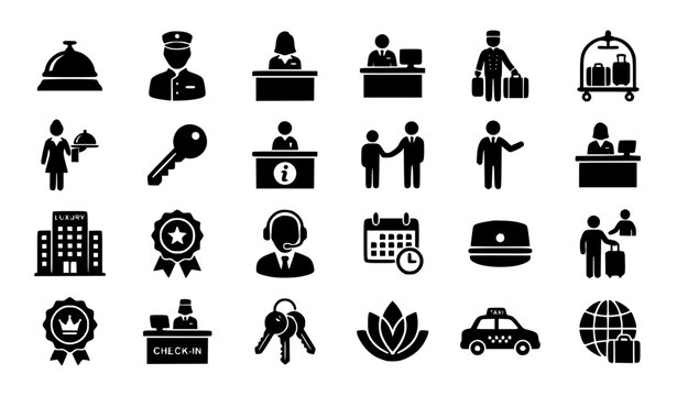 Concierge Icon Set Collection Vector Silhouette with Hotel Bell Service and Hospitality Symbols