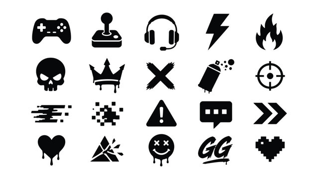 Collection of black gaming icons featuring controller headset skull crown and pixel heart on white background