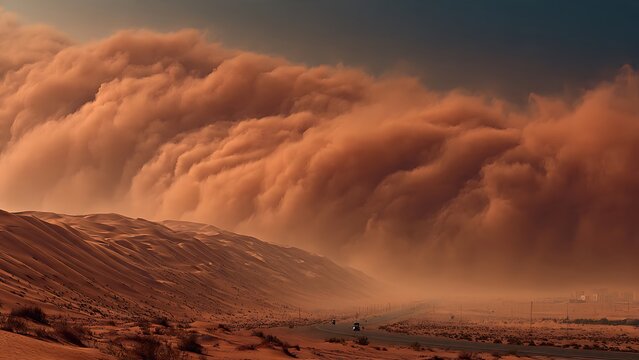 Massive dust storm rolling over desert sand dunes.