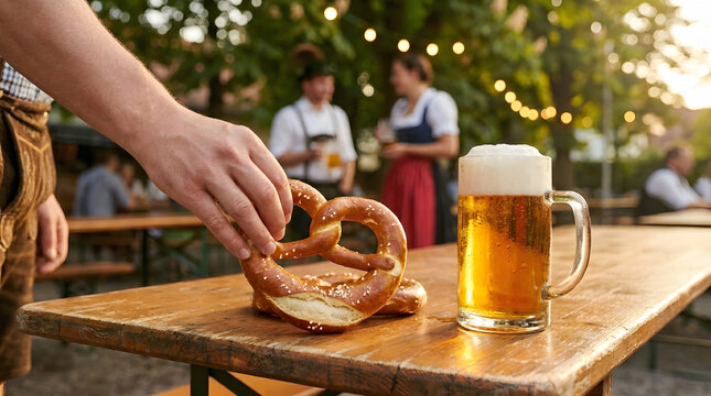 Oktoberfest guest reaches for a salted pretzel beside a foamy beer stein on a rustic outdoor festival table.