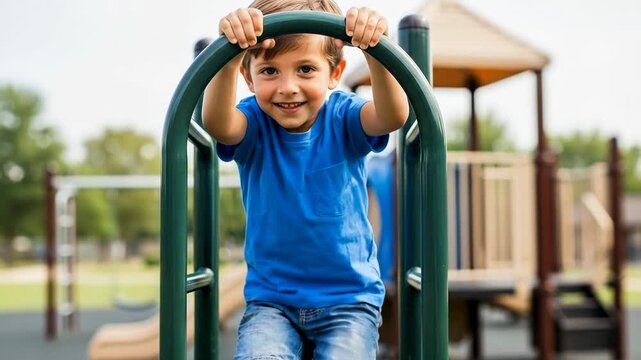 Happy young boy smiling while playing on a green climbing frame at a park playground.