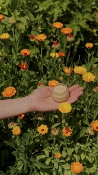 bare hand holds small cream jar above dense orange and yellow flowers in sunny garden with soft motion