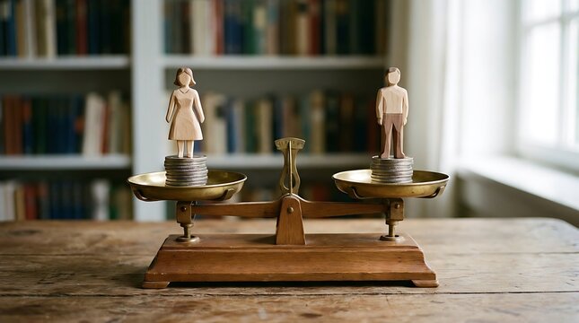 Wooden balance scale with male and female figures and coins